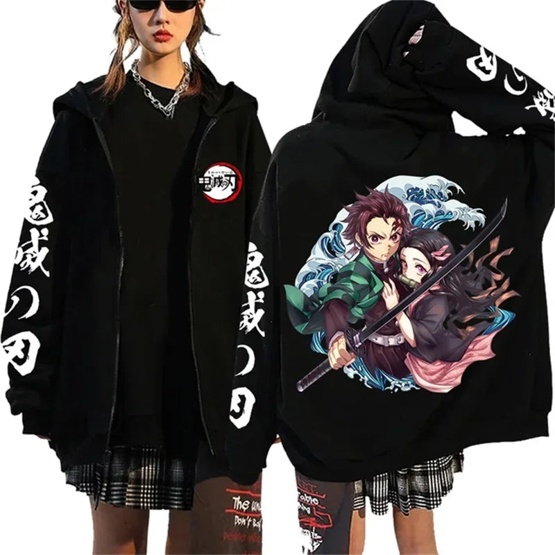 Fashion Anime Cartoon Demon Slayer Pattern Print Sweatshirt Men Women Fall Winter Casual Loose Harajuku Fleece Zipper Hoodie