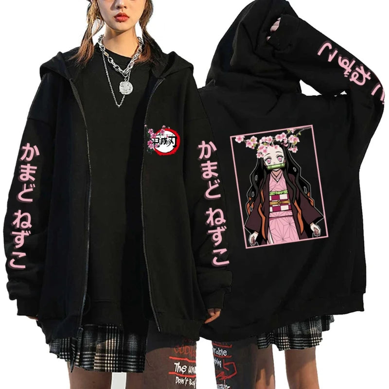 Fashion Anime Cartoon Demon Slayer Pattern Print Sweatshirt Men Women Fall Winter Casual Loose Harajuku Fleece Zipper Hoodie