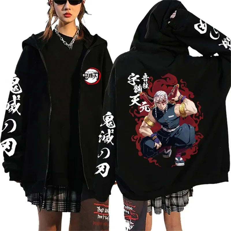 Fashion Anime Cartoon Demon Slayer Pattern Print Sweatshirt Men Women Fall Winter Casual Loose Harajuku Fleece Zipper Hoodie