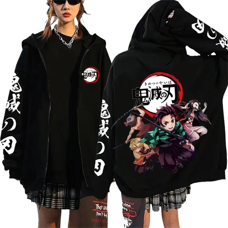 Fashion Anime Cartoon Demon Slayer Pattern Print Sweatshirt Men Women Fall Winter Casual Loose Harajuku Fleece Zipper Hoodie